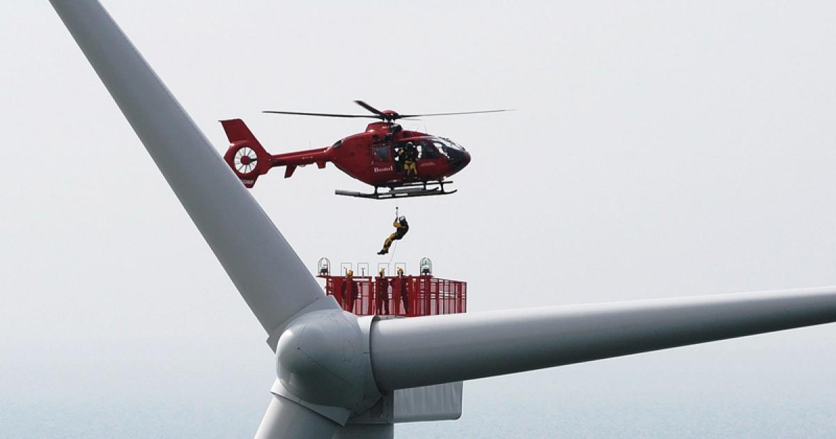 Bond Aviation-operated helicopters are now used to transport maintenance crews to wind farms off the coast of England. 