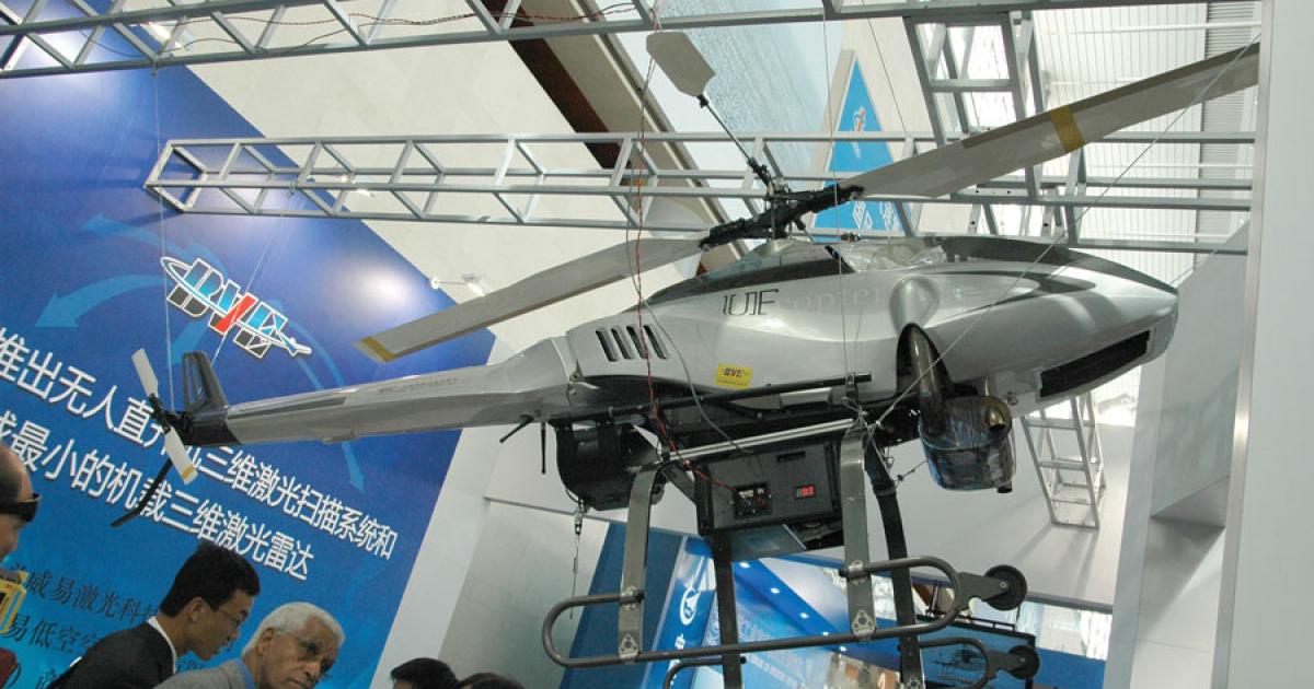 BVE’s BL-60 unmanned helicopter was one of many new Chinese rotorcraft UAVs displayed at Aviation Expo 2011 in Beijing.