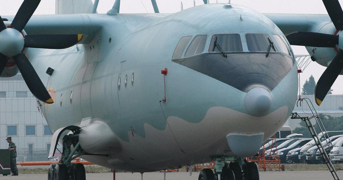China’s Y-8, pictured here equipped with an airborne warning and control system, is being offered as a maritime patrol platform. The reworked airframe features a long magnetic anomaly detector boom and a weapons bay for anti-ship missiles. 