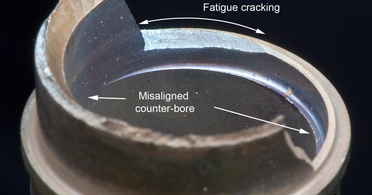 Investigators have determined that a misaligned region of counter-boring in the outlet of stub pipe that feeds oil to the Trent 900’s HP/IP bearing structure caused a localized thinning of one side of the pipe wall and eventual fatigue cracking.