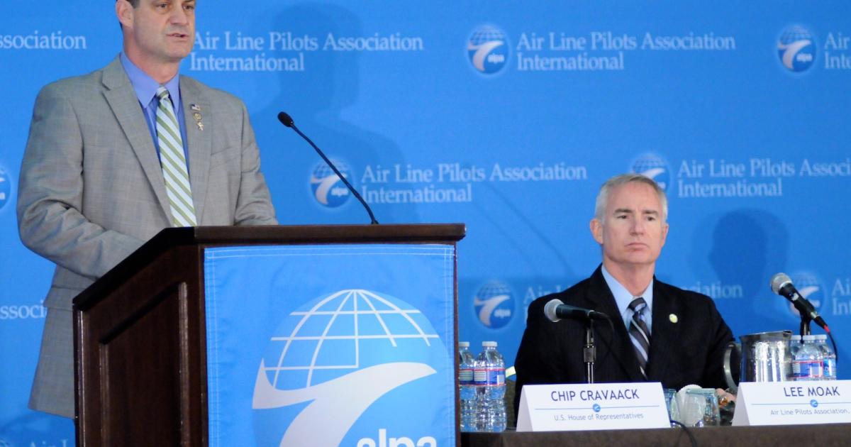 U.S. Rep. Chip Cravaack (l) pressed for equal application of the FAA's new pilot duty-time and rest rule to cargo operators. ALPA president Lee Moak (r) hosted Cravaack at the union's April 17 cargo conference in Washington, D.C. (Photo: Chris Weaver, ALPA)