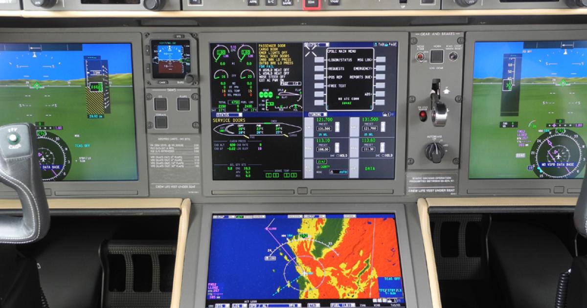 The Rockwell Collins Vision flight deck now in service in Bombardier's Global 6000. Photo by Matt Thurber