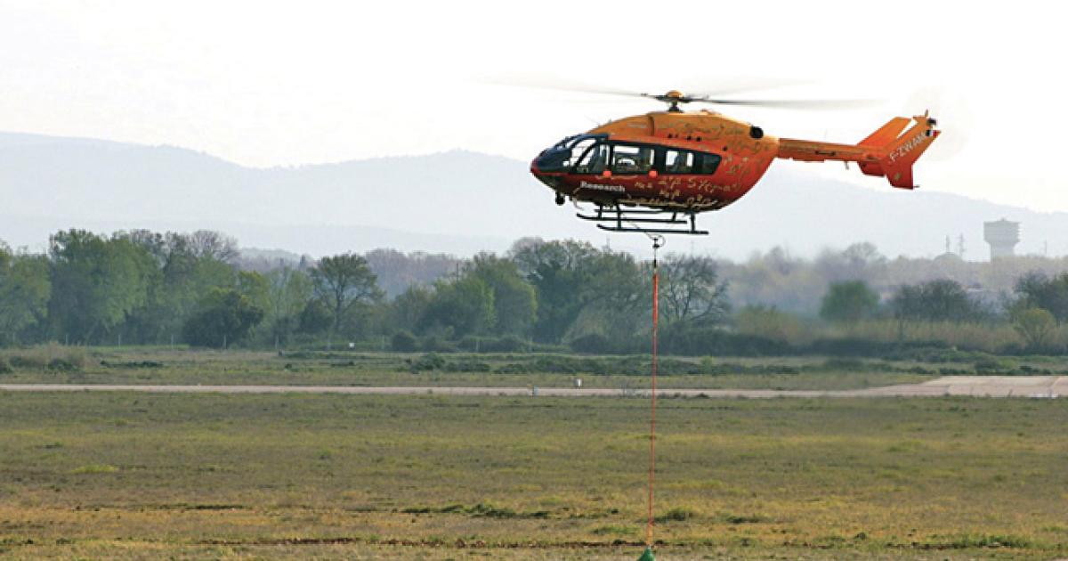 During a demo flight at Istres air force base, the unmanned EC145 performed a hover to release  a sling load.