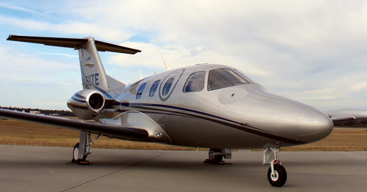 Eclipse Aerospace’s Total Eclipse 500 jet is on static display at Orlando Executive Airport. This particular aircraft is certified preowned and can be customized and delivered in 45 to 90 days, according to the company. 
