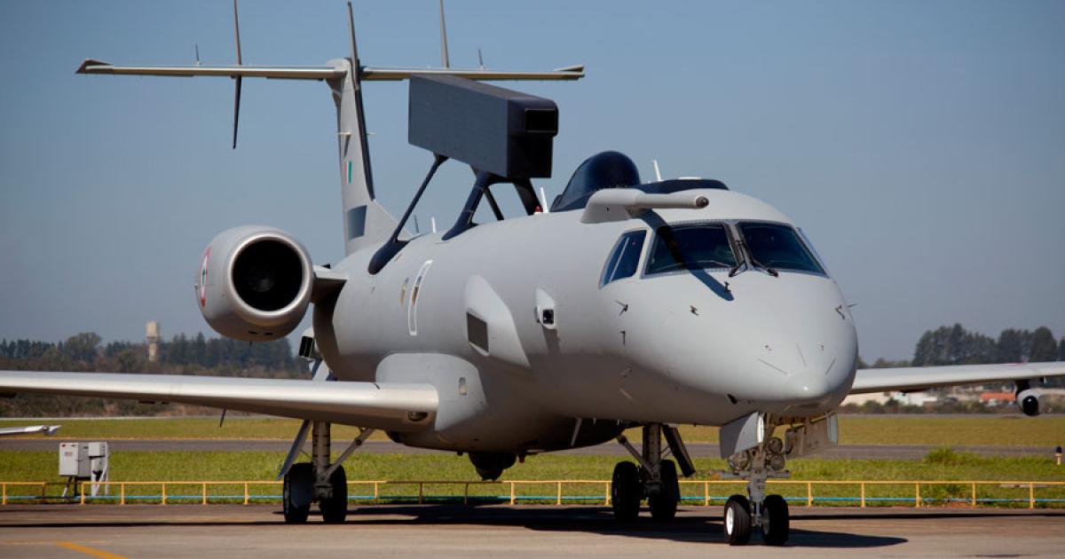 Embraer delivered the first of three modified EMB-145 jets that will carry an indigenous Indian active electronically scanned array radar for airborne early warning. (Photo: Embraer)