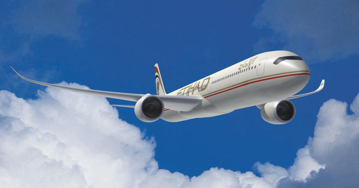 Etihad Airways' order count for the Airbus A350-1000 now stands at 12 after the Emirati airline twice canceled portions of an order for 25 placed during the 2008 Farnborough Air Show. (Copyright Airbus)