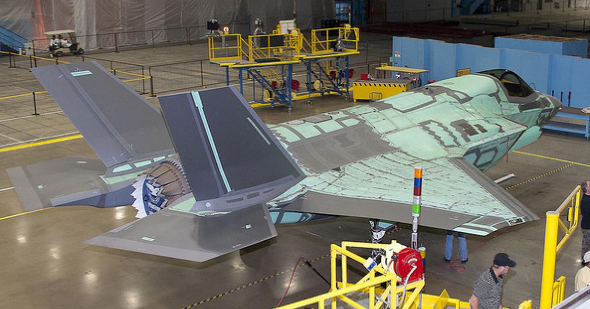 The first international F-35 Joint Strike Fighter for the UK, designated BK-1, nears completion late last year at Lockheed Martin Aeronautics in Fort Worth. Its first flight was April 13. (Photo: Lockheed Martin)