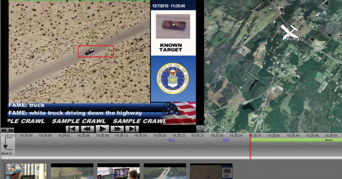 The FMV asset management engine (FAME) system (above) allows analysts and operators to retrieve archived video that may be relevant to current situations. Here, the system has displayed a known target from the previous day, for comparison with a white truck that is currently driving down a highway.  
