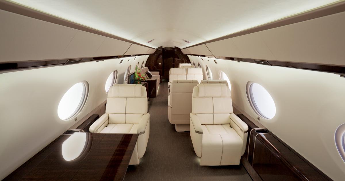 Gulfstream unveiled the finished G650 cabin at DeKalb Peachtree Airport on Sunday, installed in certification test flight aircraft, S/N 6004. The new cabin will be available for viewing by invitation only during NBAA 2010 and will return to the certification test program on Thursday.