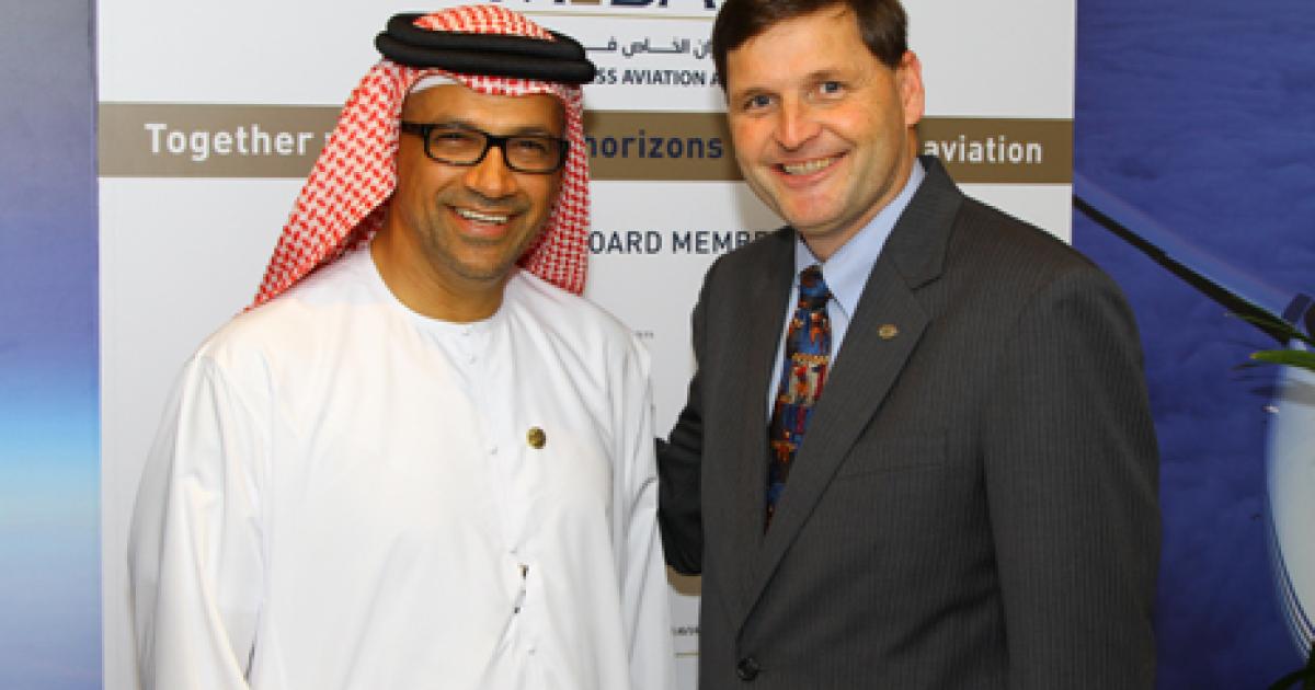 Middle East Business Aviation Association founding chairman Ali Ahmed Al Naqbi and incoming GAMA vice chairman (and Boeing Business Jets president) Steve Taylor celebrate a new joint initiative between the two groups to further promote and develop business aviation in the Middle East and North Africa region.