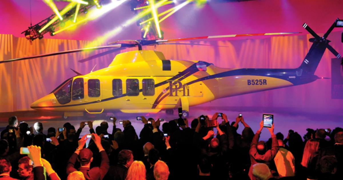 Today at Heli-Expo, Bell Helicopter formally launched the 525 “Relentless” super-medium twin, the largest civil helicopter in the company’s history. The helicopter is an 18,000-pound “plus” ship aimed squarely at the offshore market with a range of more than 400 nm, a speed near 150 knots and a ceiling of 20,000 feet.