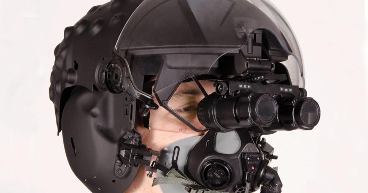 BAE Systems’ alternate helmet-mounted display system for the F-35, above, would combine Q-Sight display in front of the eye with pull-down night-vision goggles.  