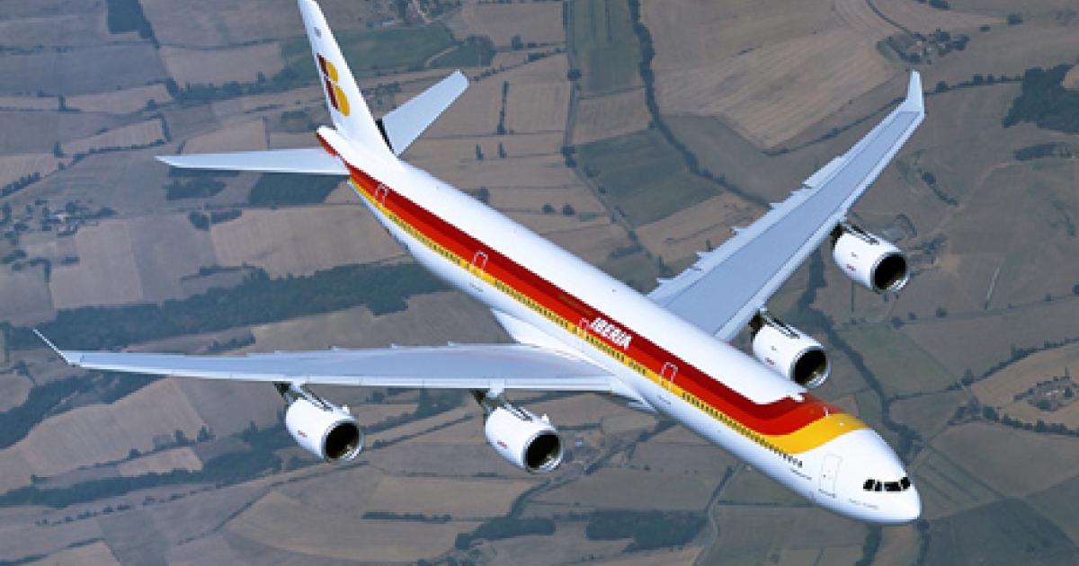 Plans call for Iberia to complete its merger with British Airways by year-end, but the Spanish carrier can still pull out of the marriage if BA doesn't resolve issues such as its pension deficit. (copyright Airbus)