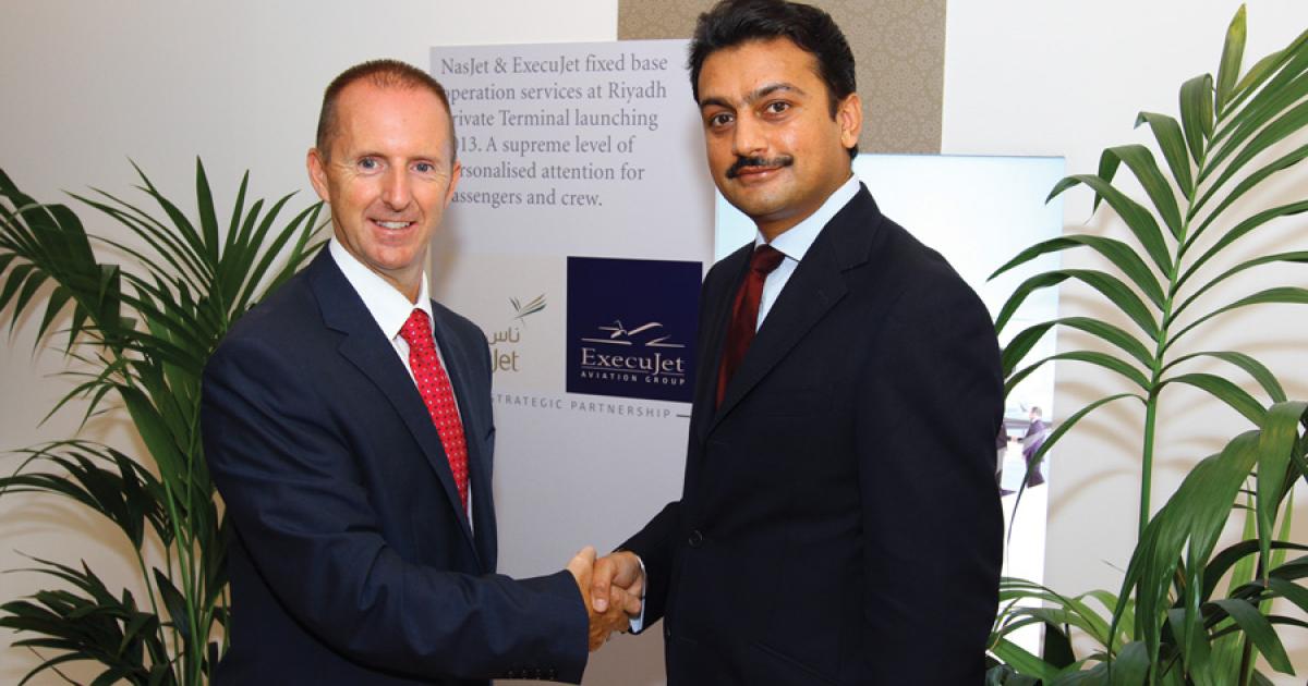 Celebrating a deal here at MEBA yesterday to establish an FBO at King Khalid International Airport in Riyadh are NasJet/ExecuJet’s Gary Forster, FBO manager–Riyadh (left), and NasJet director Hardy Sohanpal.