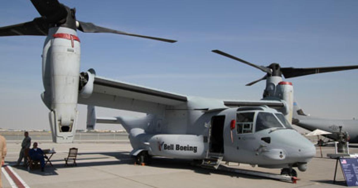 The Bell-Boeing V-22 Osprey tiltrotor appears here in Dubai on its first ever Middle East sales tour. The UAE has expressed interest.