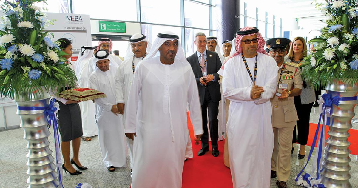 HH Sheikh Ahmed bin Saeed Al Maktoum, President of Dubai Civil Aviation Authority, Chairman of Dubai Airports, and Chairman & Chief Executive of Emirates Airline & Group (center), today officially opened the fourth MEBA. To his left is Ali Al Naqbi, Founding Chairman of MEBAA; and behind him on his right is Khalifa Al Zaffin, Chairman of Dubai World Central.
