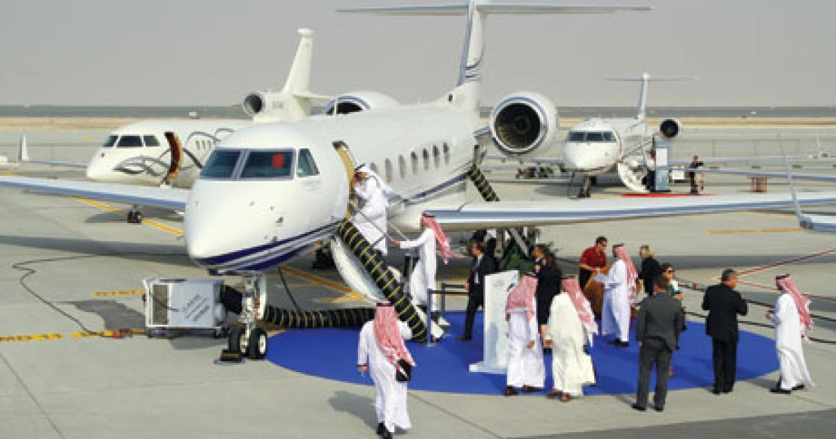 More than 7,000 attendees visited MEBA 2012 this week at Dubai World Central's new Al Maktoum International Airport. Some 35 business aircraft were on display at the show, including this ultra-long-range Gulfstream G550 in the foreground. (Photo: David McIntosh)