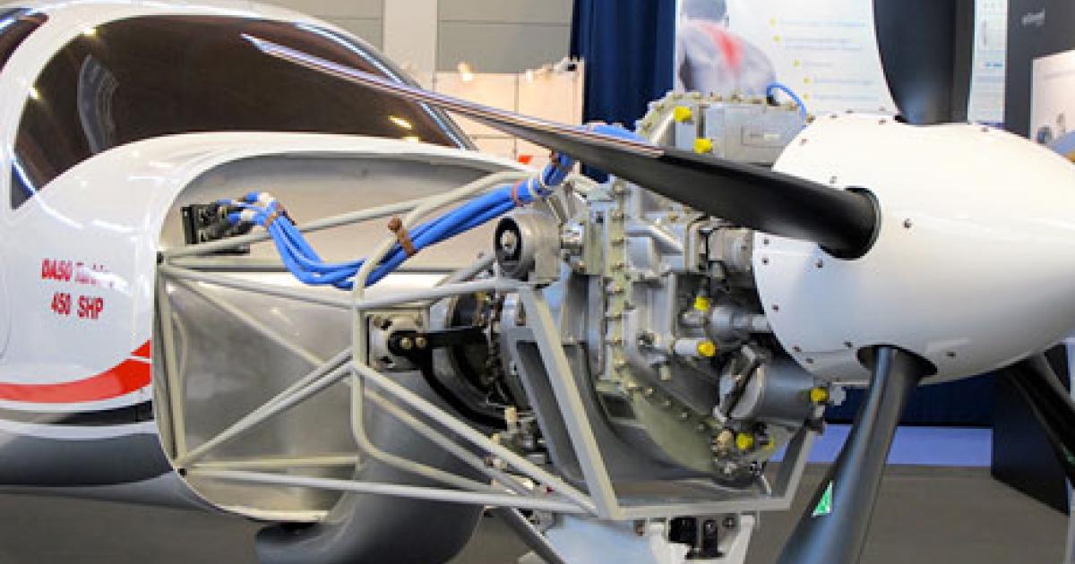 Diamond Aircraft unveiled the DA50 Turbine, a turboprop version of its not-yet-certified seven-seat, single-engine airplane, yesterday at the Aero Friedrichshafen show in Germany. It would be powered by a Russian-built 450-shp Motor Sich-Ivchenko AI-450S turboprop engine. (Photo: Thierry Dubois)