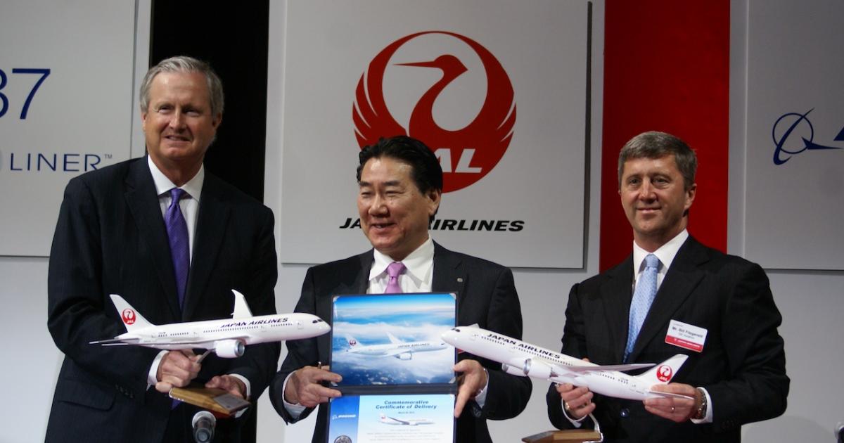 (L-R) Boeing Commercial Airplanes CEO Jim Albaugh, Japan Airlines president Yoshiharu Ueki and GE Aviation vice president of commercial engine operations Bill Fitzgerald present the newly signed delivery contract for two of 45 Boeing 787s at a ceremony held at Boeing's Future of Flight Center in Everett, Wash. (Photo: Evan Sweetman) 