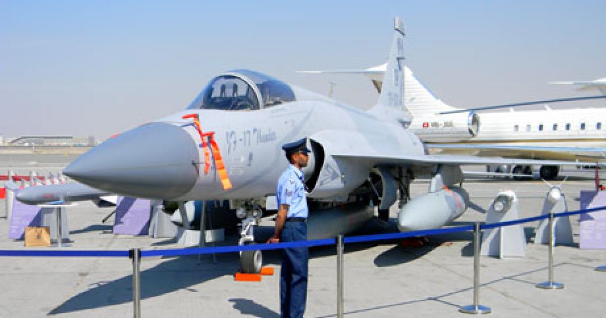 A Pakistan air force JF-17 Thunder was displayed at the 2011 Dubai airshow. The fighter was jointly developed by China’s Chengdu Aircraft Industry Corporation and the Pakistan Aeronautical Complex. (Photo: Bill Carey)