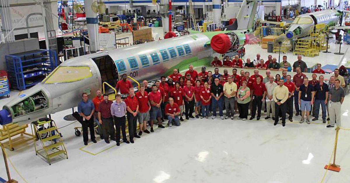 Bombardier switched on the electrical and avionics systems of the first Learjet 75 to roll down the company’s Wichita production line during the week of August 21.