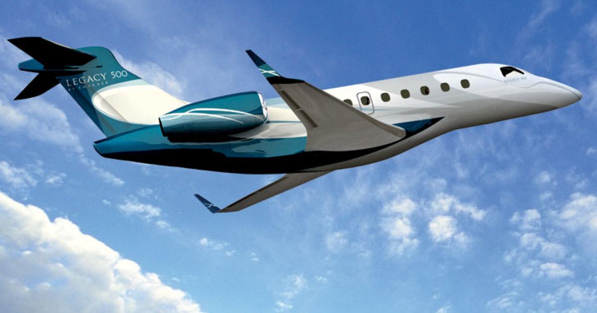 Embraer’s new Legacy 500 won’t now make its first flight until the third quarter of this year, but should still enter service by the end of 2013.