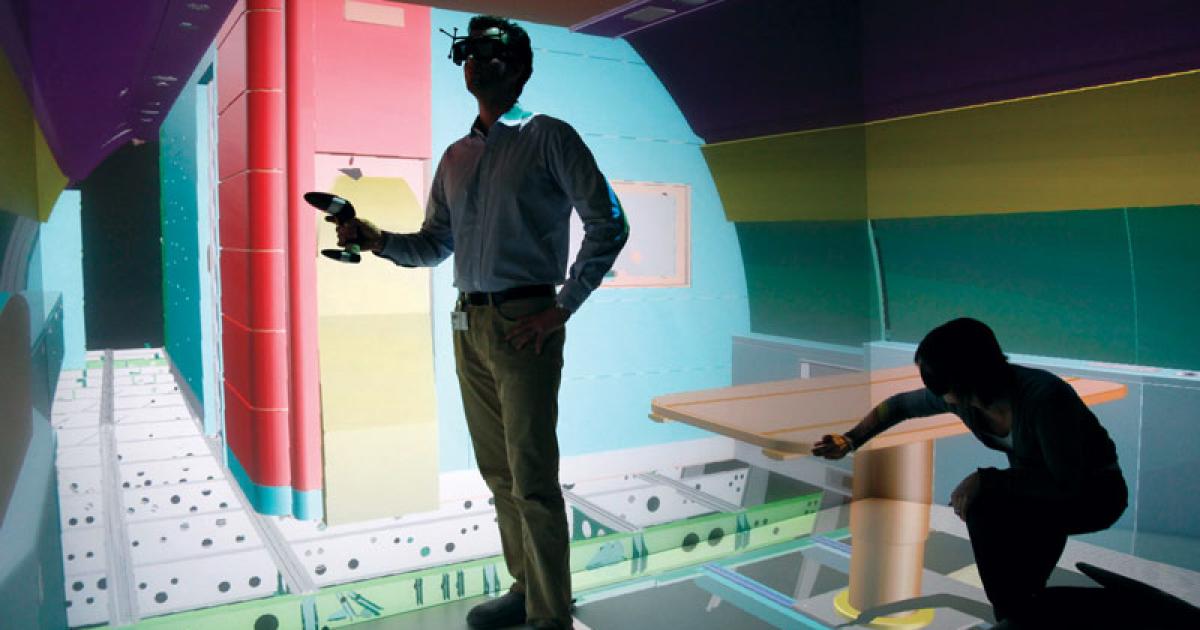 The Virtual Fitcheck “holodeck” being developed at Lufthansa Technik promises to reduce production time and cut costs in the cabin outfitting process.
