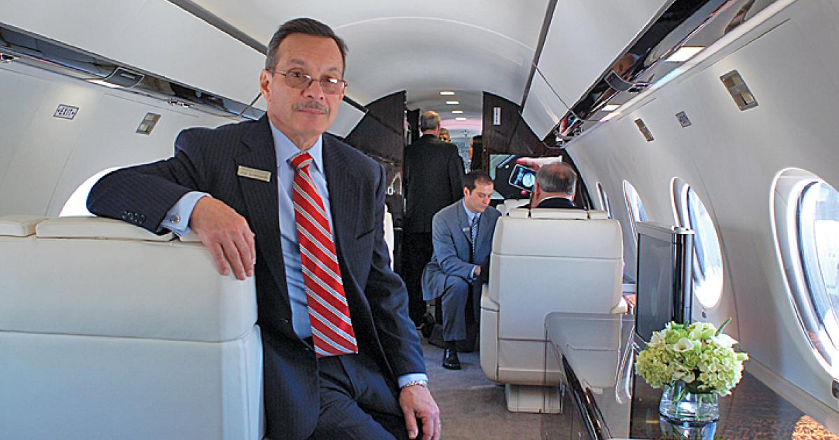 Gulfstream president Joe Lombardo relaxes in G650’s spacious cabin.