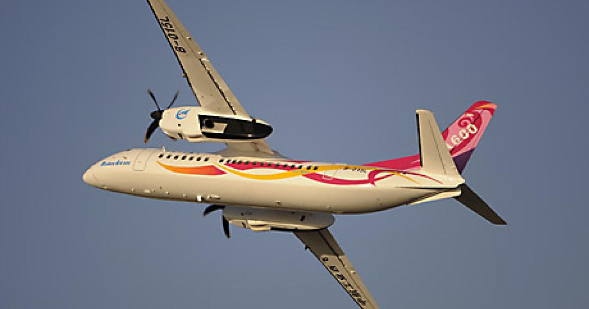 The Avic MA600 twin turboprop airliner made its international debut at the 2011 Dubai Airs Show. The aircraft also took part in the daily flying display at the show.