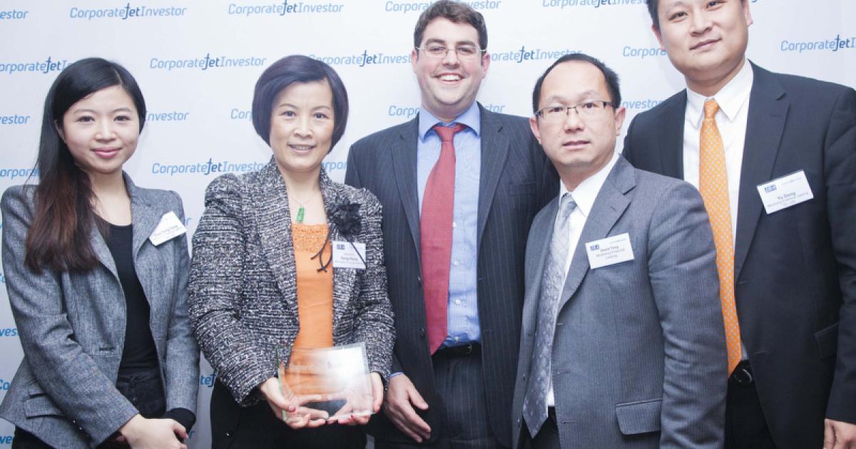 The Minsheng Financial Leasing Co. Ltd. (MSFL) team picks up Corporate Jet Investor’s Asian Business Jet Financier of the Year Award (left to right): Tong Xiaotong of the Chinese group’s aviation leasing department; Wang Rong, CFO; Alasdair Whyte, CEO Corporate Jet Investor; David Tang, MSFL chief legal advisor; Andy Dong, associate director of MSFL’s financial markets department.