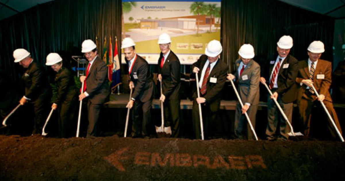 Embraer executives and elected Florida officials broke ground yesterday on the Brazilian aircraft manufacturer's engineering and technology center in Melbourne, Fla. The 67,000-sq-ft facility will open in mid-2014.
