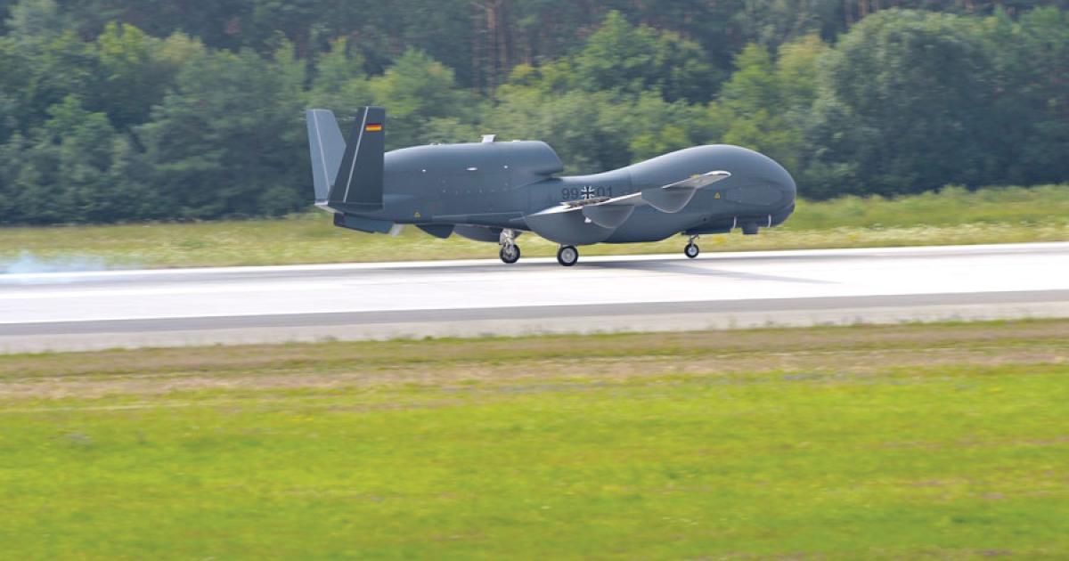 A Northrop Grumman Euro Hawk lands in Manching, Germany, in July, a symbol of U.S.-German collaboration on common uses of the Global Hawk UAS. 