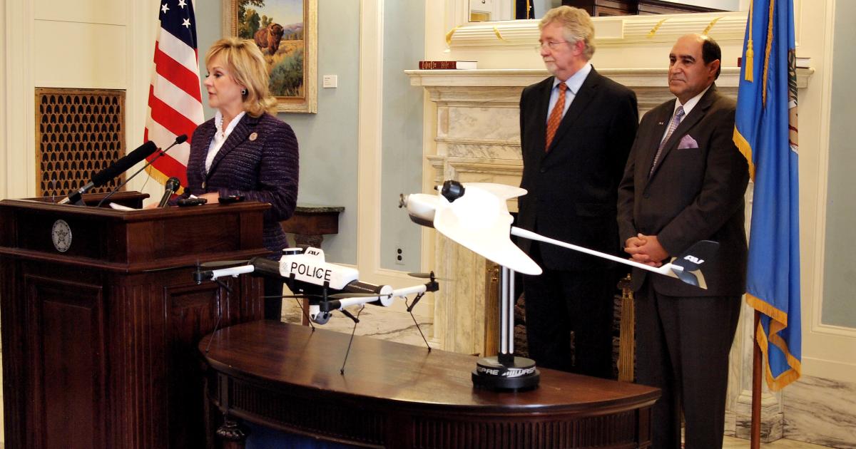 Oklahoma Gov. Mary Fallin speaks during a press conference to announce preliminary findings of a UAS economic impact study.