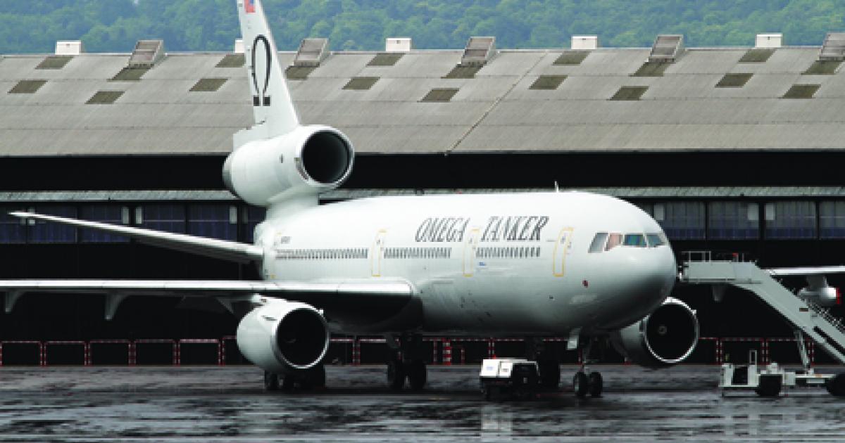 The Omega Air KDC-10 tanker is at Farnborough 2012 to remind visitors that a contract air refueling service is readily available.