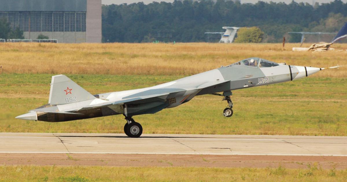 The second prototype of the T-50 stealth fighter lands at Zhukovsky after its display at the recent Russian air force 100th anniversary airshow. (Photo: Vladimir Karnozov)