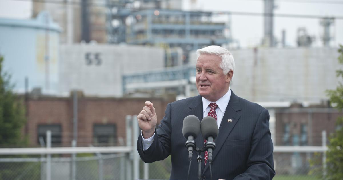 Appearing in front of the Trainer Refinery on May 1, Pennsylvania Governor Tom Corbett  said he worked 'for several months' with Delta and ConocoPhillips to arrange the sale of the idled plant. (Photo: Pennsylvania Governor's Office) 