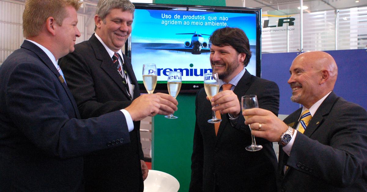 In a ceremony yesterday at LABACE, Premium Jet celebrated its appointment as an authorized Hawker Beechcraft service center in Brazil.  Included in the ceremony were (l-r): Brian Howell, v-p of aftermarket sales and business development for Hawker Beechcraft; Dilson Wollmann, directing executive for Premium Jet; Luciano Cordeiro; Premium Jet CEO; and Hawker Beechcraft v-p of global product support Greg Graber.