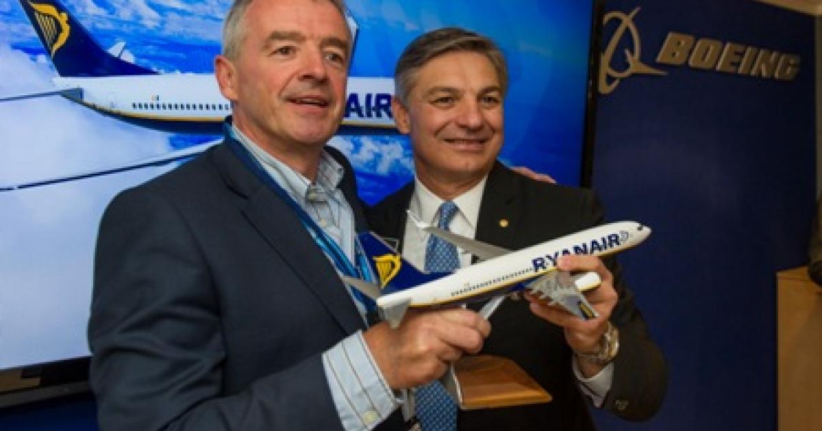 Ireland-based Ryanair on Wednesday placed a blockbuster order for 175 Boeing 737-800s worth $15.6 billion. Signing the deal were (l-r)Ryanair president and CEO Michael O'Leary and Boeing Commercial Airplanes president and CEO Ray Conner.