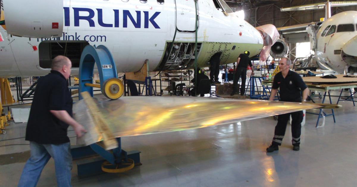 BAE Regional Aircraft recently undertook the remote repair of an RJ85 operated by South African regional airline SA Airlink. After the nose landing gear had failed to extend, the aircraft suffered extensive damage to the lower fuselage skin and gear doors on landing.