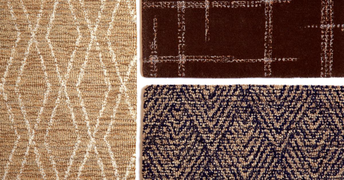Just three of the wool carpeting patterns in the Scott Group Custom Carpets selection on display at NBAA’12 are, left: Mika with silk; Erratic Plaid with silk, top; and Vale, at bottom.