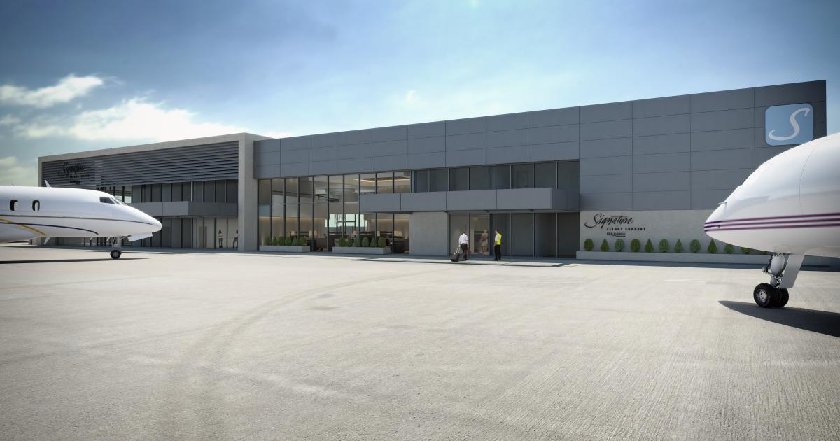 Signature Flight Support broke ground January 17 on a new 65,400-sq-ft FBO complex that will replace its existing facility at London Luton Airport. Completion of the new 48,400-sq-ft hangar is expected in the third quarter, while the new 17,000-sq-ft FBO and passenger terminal, shown here in an artist's depiction, is slated to be finished in late 2014.