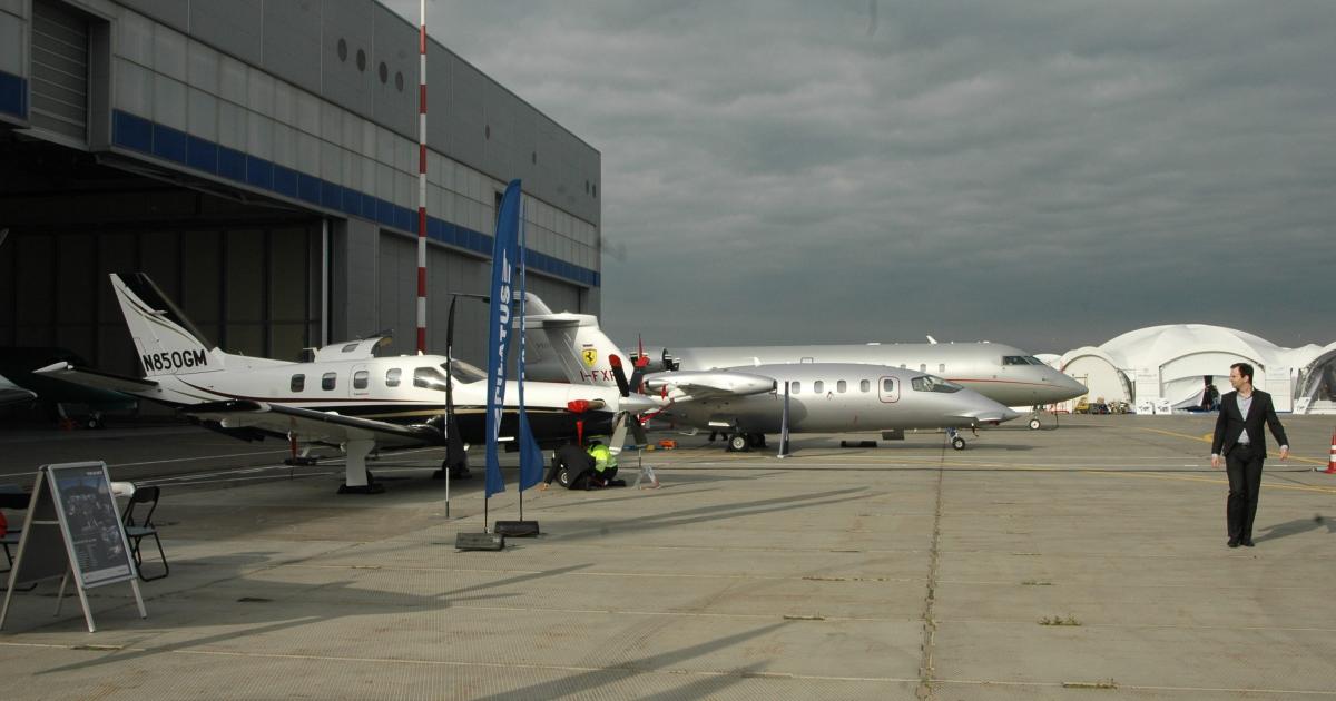 The TBM850 single turboprop (foreground) was on display at the 2012 Jet Expo show in Moscow.