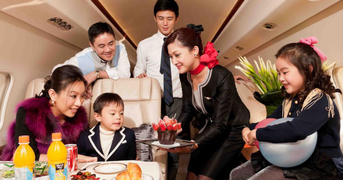 TWC Aviation’s Hong Kong-based Bombardier Global Express will carry up to 13 passengers and includes a couch that converts into a double bed, handmade silk carpets, leather paneling and leather covered seats. Its charter rate is HK$77,580 (US$10,000) per hour.