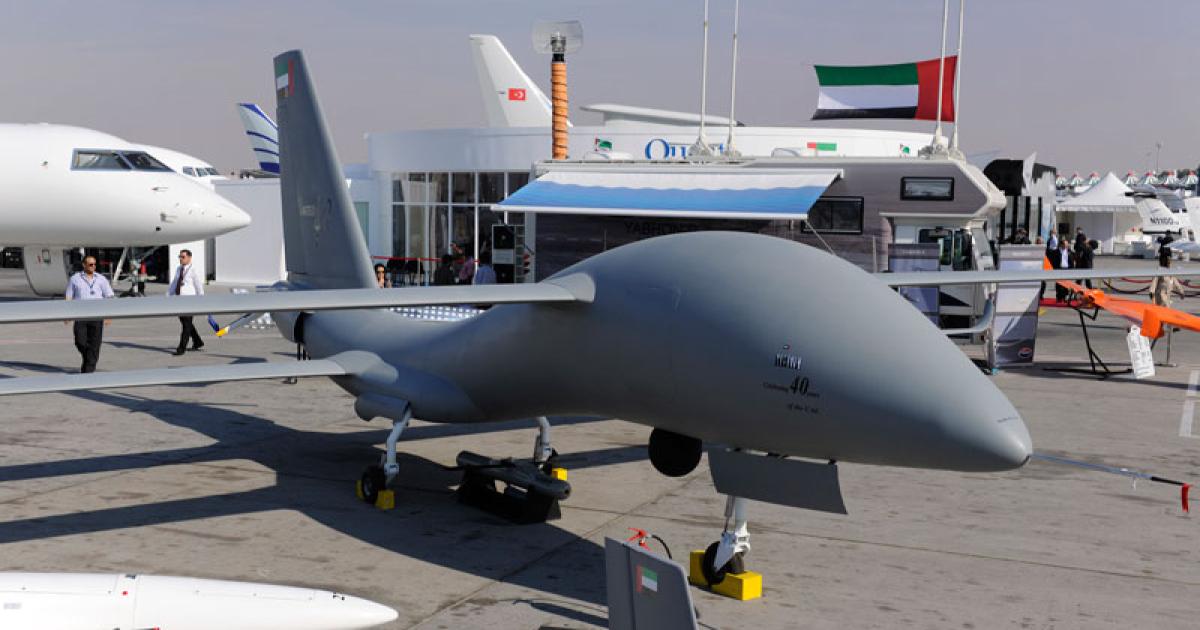 The tandem-wing UAV concept that has resulted in the United 40 has been in research and development for about four years. The unmanned air vehicle on display at the Dubai Air Show is being shown with the Yabhon-Namrod guided weapon.