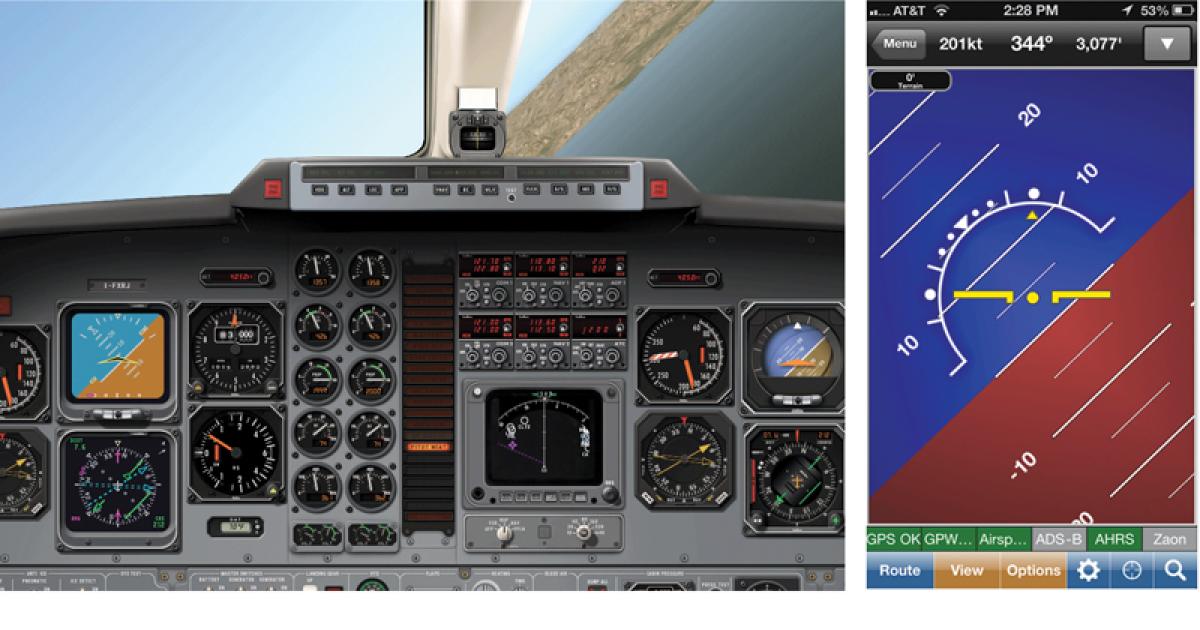 A steep turn in an Avanti in WingX Pro, left, on the X-Plane flight simulator is contrasted with the same data playing on a WingX attitude indicator on an iPhone, right.