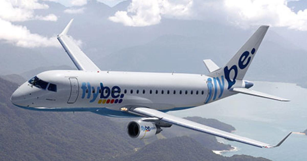 Although Flybe has managed to defer delivery of several Embraer E175s on order, plans call for the 76-seat jets to replace most of the airline’s Bombardier Q400 turboprops.  (Photo: Flybe)
