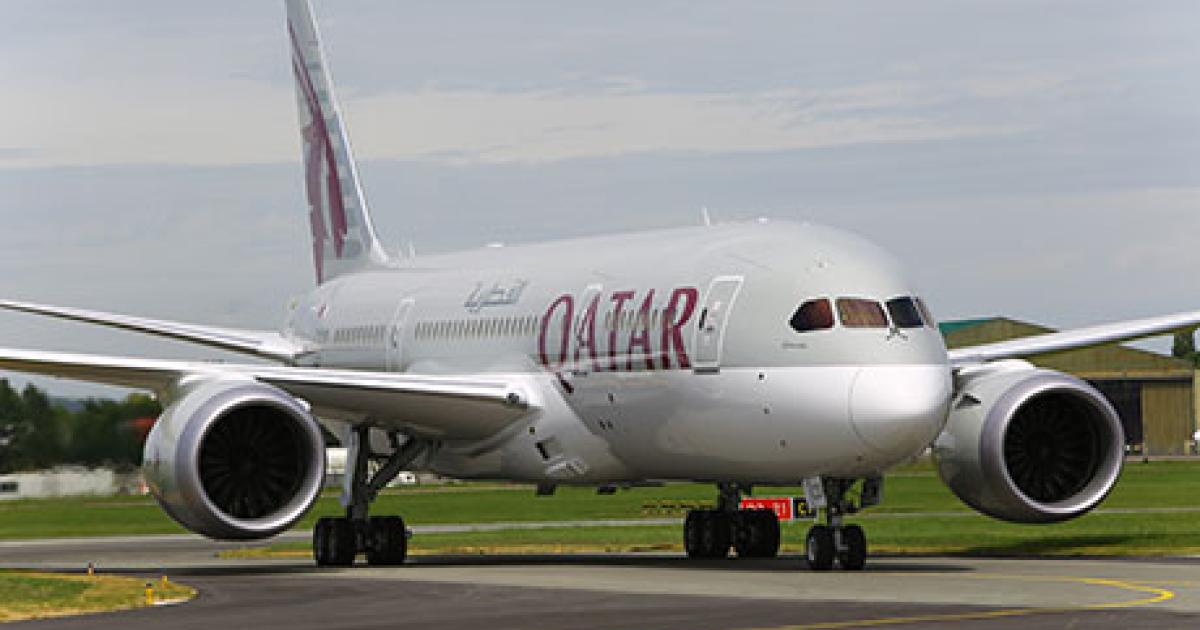 A Qatar Airways Boeing 787 taxies toward its position on the static display line at Le Bourget. (Photo: David McIntosh) 
