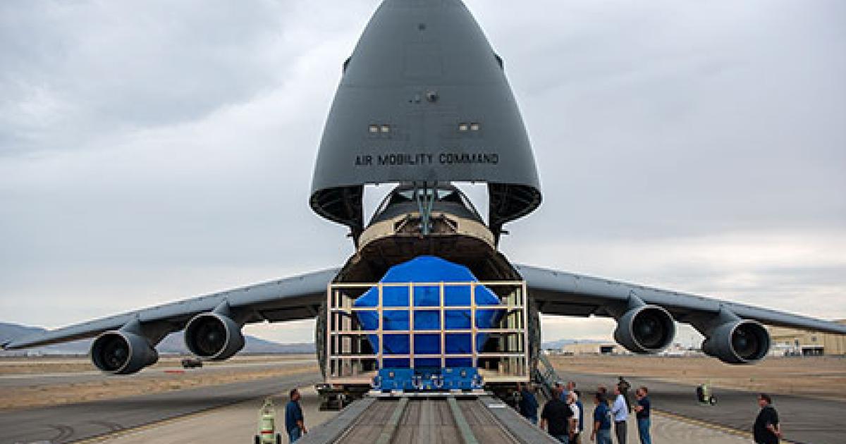 An F-35 center fuselage supplied by Northrop Grumman was loaded on a C-5 transport this month for delivery to Italy’s new final assembly and check-out facility at Cameri Air Base. (Photo: Northrop Grumman)