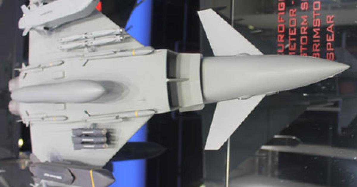 This model displayed on the MBDA stand at the recent Paris Air Show shows a notional configuration of air-ground weapons that have yet to be integrated on the Eurofighter Typhoon, namely the Storm Shadow or Taurus cruise missiles; the Brimstone; and the UK’s future series of weapons known as Spear. (Photo: Chris Pocock)  