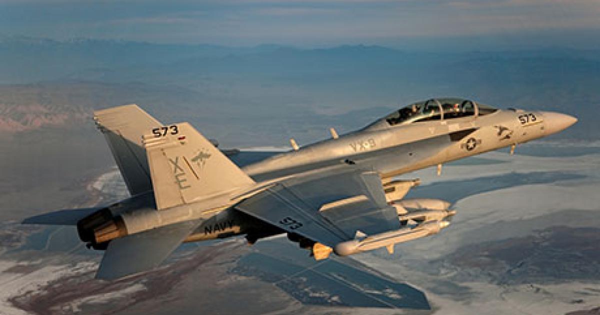 The U.S. Navy selected Raytheon to develop the Next Generation Jammer pod for the EA-18G Growler electronic warfare aircraft. (Photo: Boeing)
